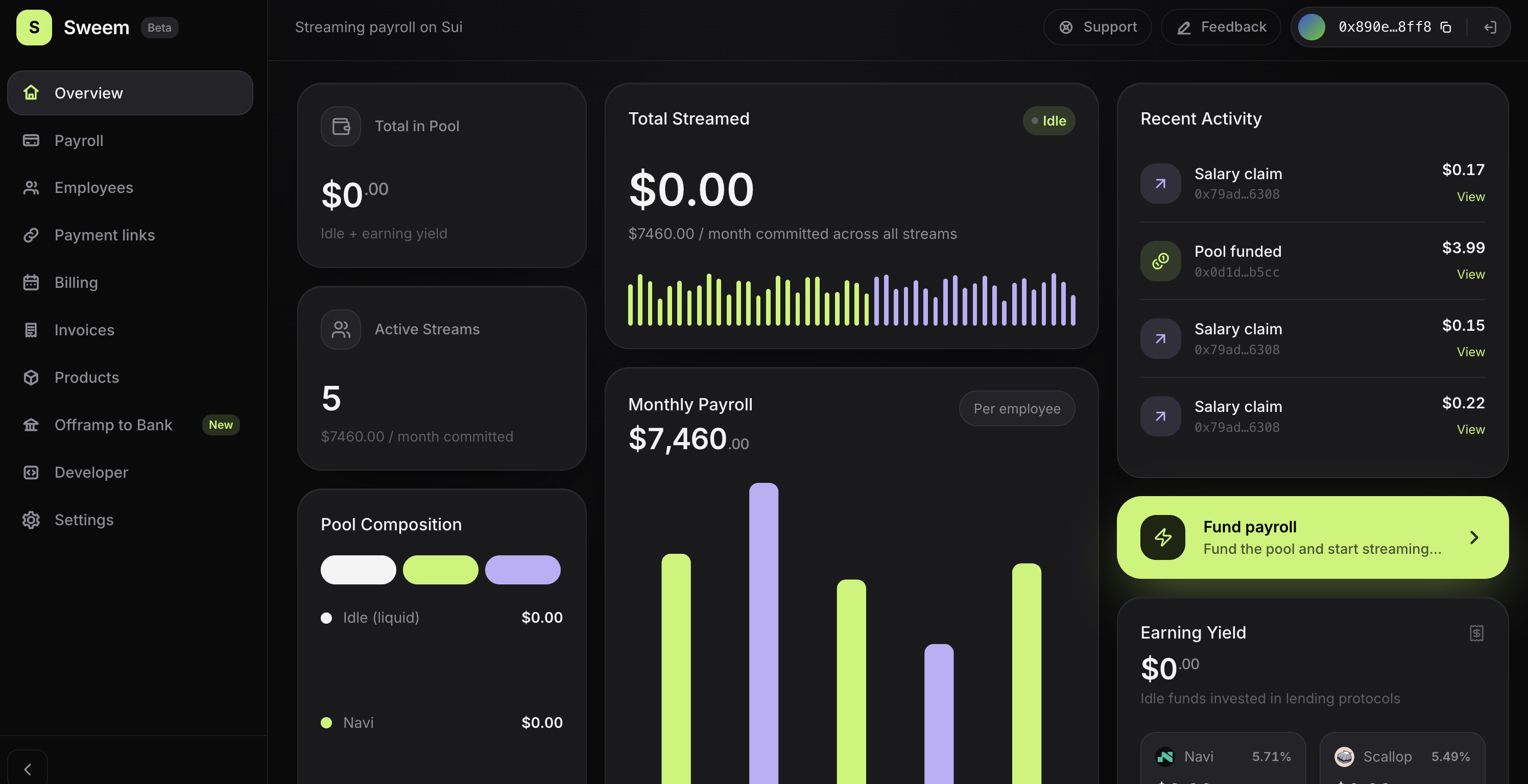 Sweem dashboard — live payroll streaming